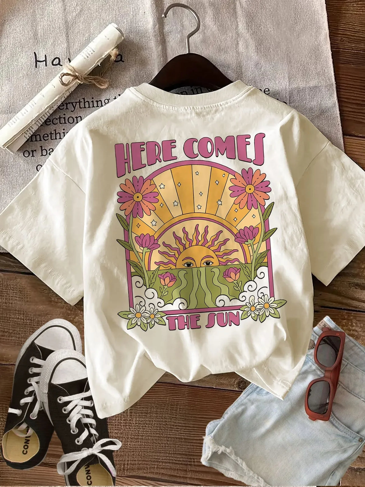Oversized Here Comes The Sun with Flower 100% Cotton Women&