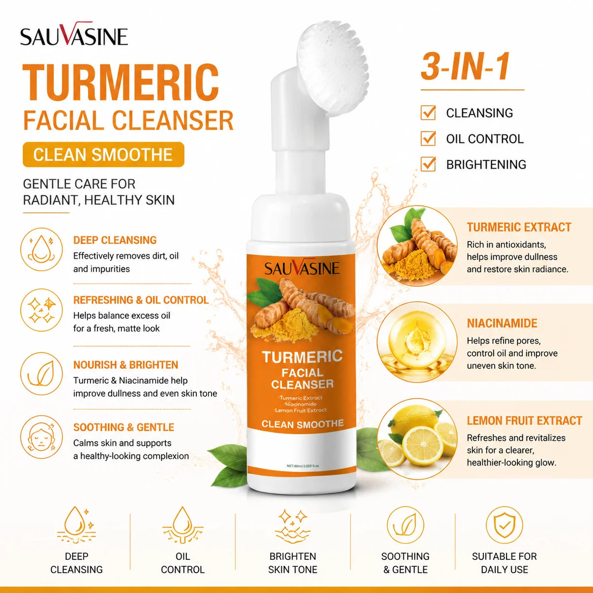 1/3/5pcs Turmeric Foaming Facial Cleanser, Face Wash with Turmeric Extract Niacinamide & Lemon Fruit Extract, Gently Removes Dir