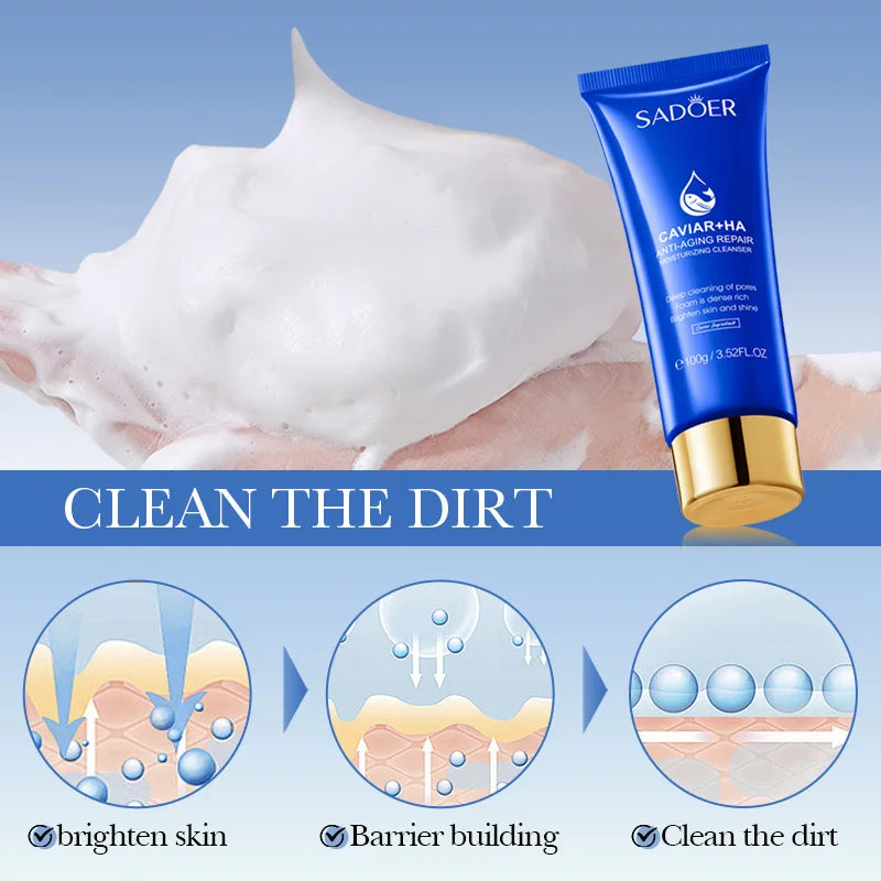 SADOER Caviar Facial Cleanser Face Wash Foam Face Cleanser Deep Cleansing Whitening Anti Wrinkle Moisturizing Skin Care