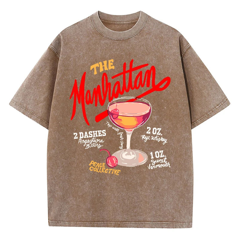Oversized Women Washed T-Shirts The Manhattan Cherry Cocktail Printed Tee Shirts Distressed Crewneck Cotton Tees Fashion Clothes