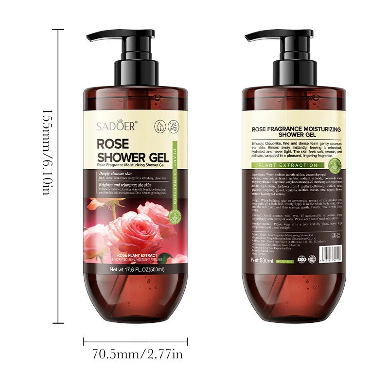 500ml SADOER Rose Fragrance Shower Gel Plant Extract Gentle Cleansing Moisturizing Soft Smooth Body Wash Daily Bath Skin Care