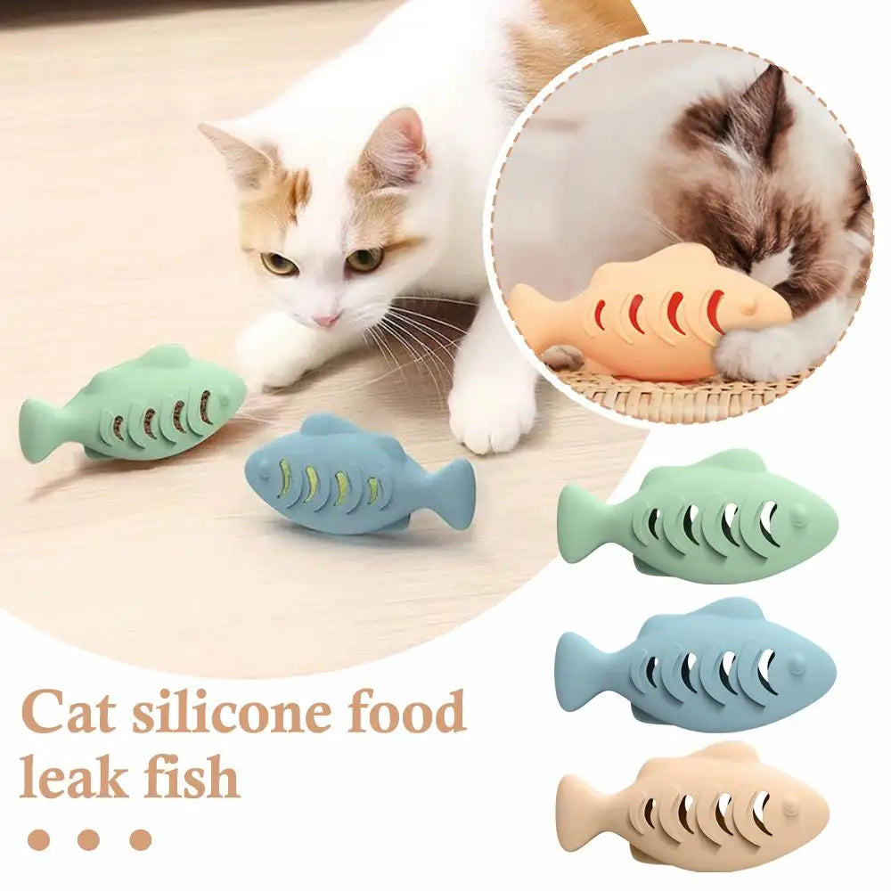 Interactive Cat Toy Food Dispenser for Indoor Cats Blue Treat &amp; Catnip Stuffer Engaging Silicone Fish Chew Toy Dental Care