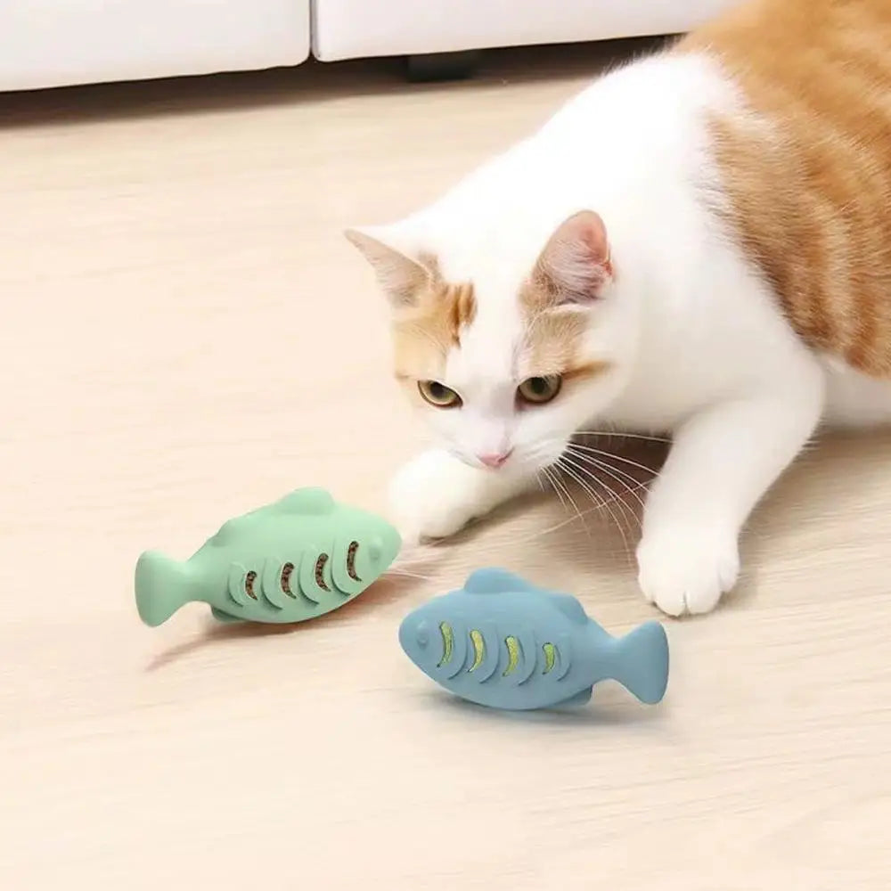 Interactive Cat Toy Food Dispenser for Indoor Cats Blue Treat &amp; Catnip Stuffer Engaging Silicone Fish Chew Toy Dental Care