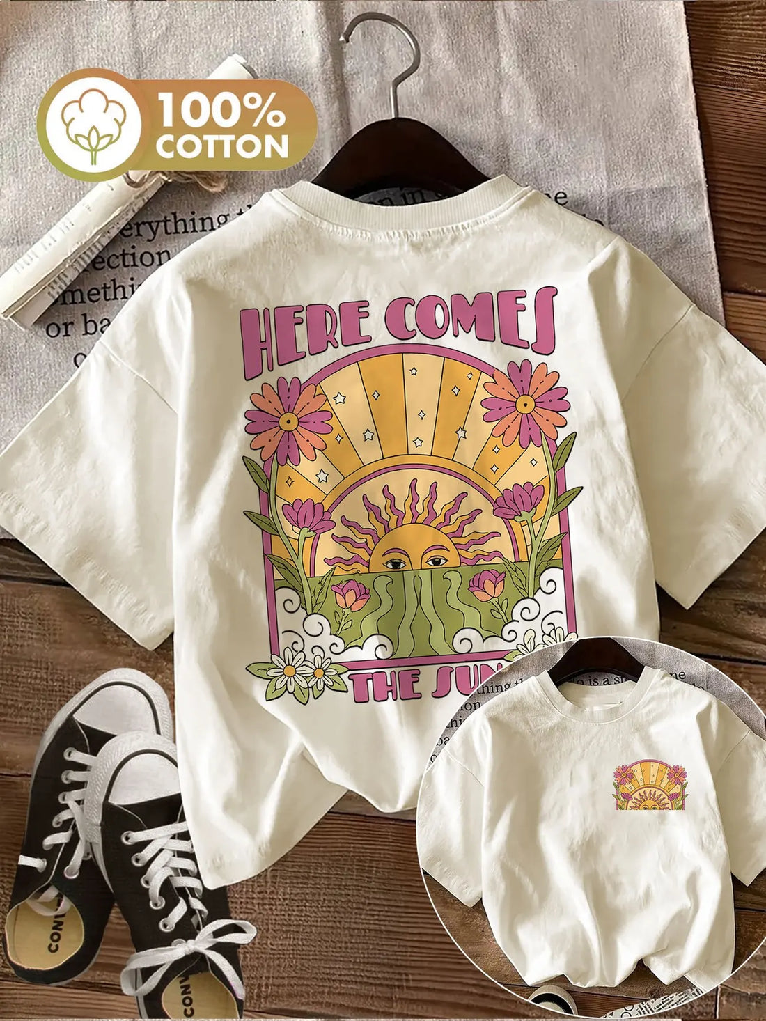 Oversized Here Comes The Sun with Flower 100% Cotton Women&