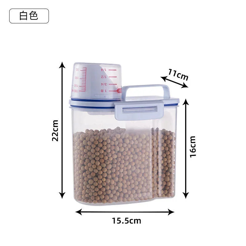 1.5kg/2kg Pet Food Storage Container, Moisture‑Proof Sealed Plastic Pail with Measuring Cup for Dog &amp; Cat Feeding