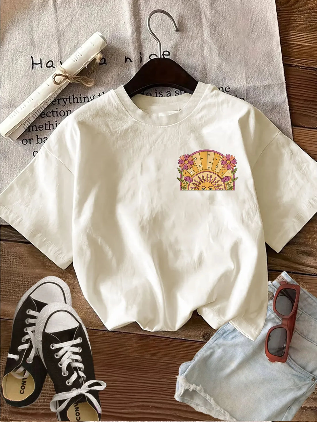 Oversized Here Comes The Sun with Flower 100% Cotton Women&