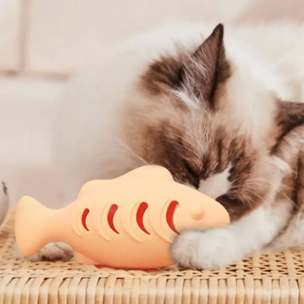 Interactive Cat Toy Food Dispenser for Indoor Cats Blue Treat &amp; Catnip Stuffer Engaging Silicone Fish Chew Toy Dental Care