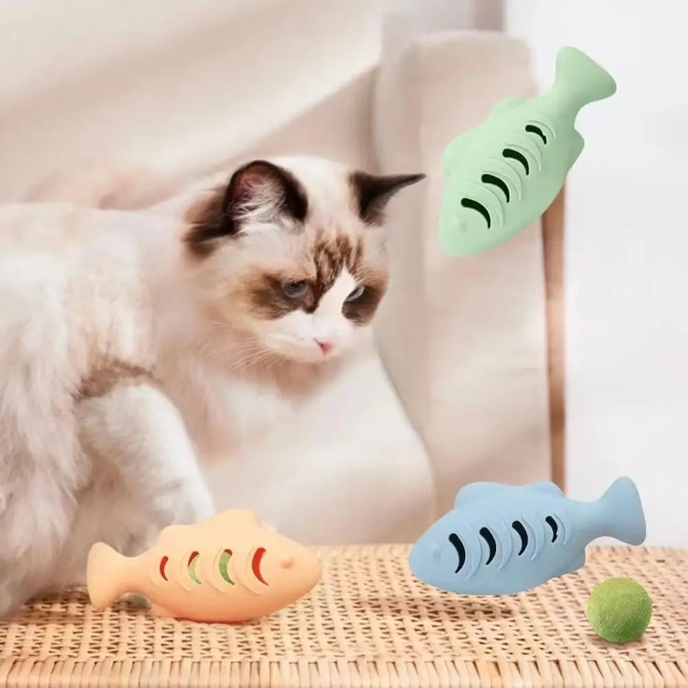 Interactive Cat Toy Food Dispenser for Indoor Cats Blue Treat &amp; Catnip Stuffer Engaging Silicone Fish Chew Toy Dental Care