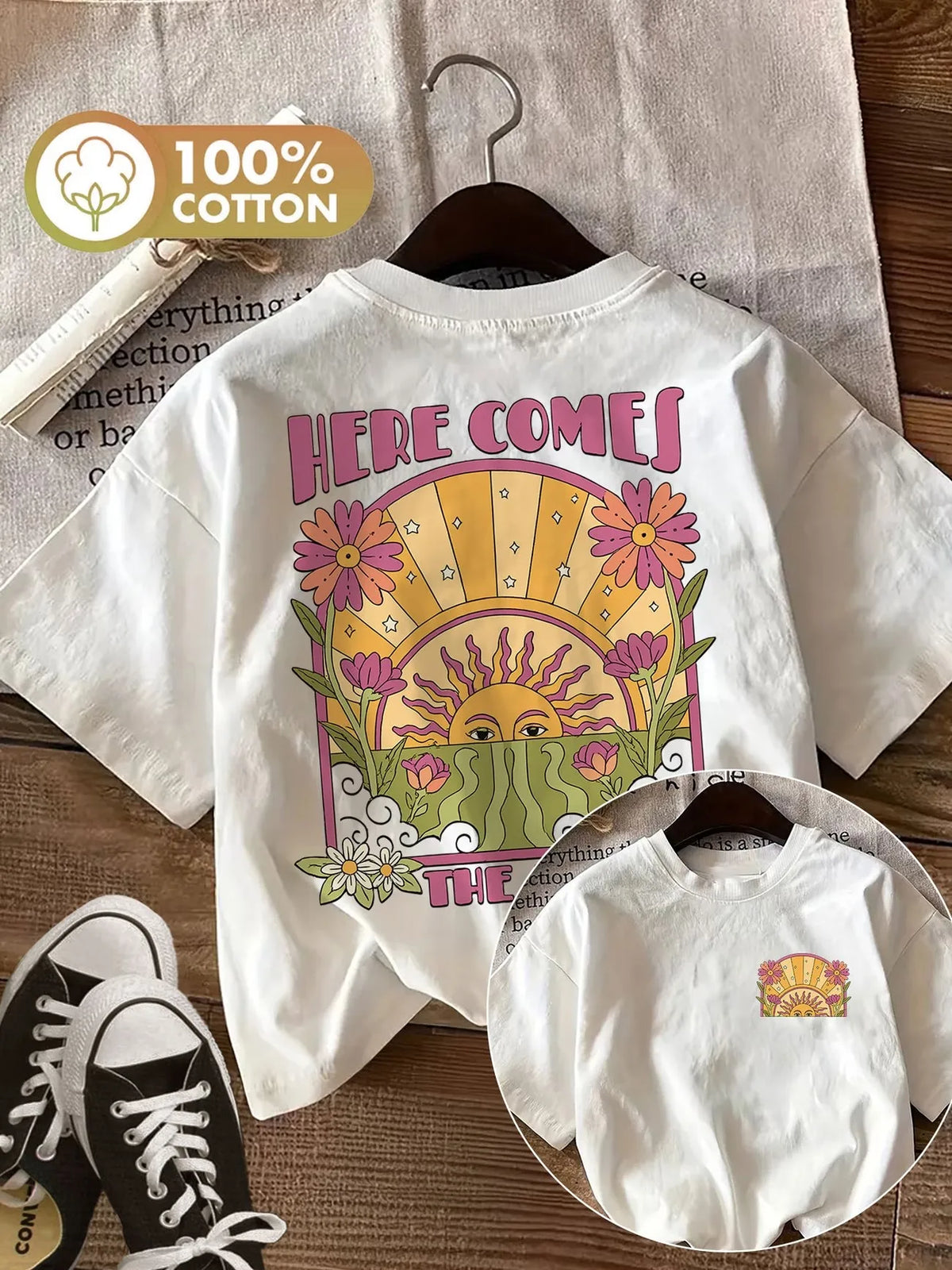 Oversized Here Comes The Sun with Flower 100% Cotton Women&