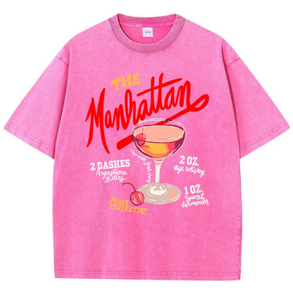 Oversized Women Washed T-Shirts The Manhattan Cherry Cocktail Printed Tee Shirts Distressed Crewneck Cotton Tees Fashion Clothes
