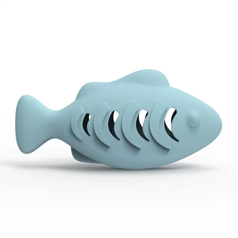 Interactive Cat Toy Food Dispenser for Indoor Cats Blue Treat &amp; Catnip Stuffer Engaging Silicone Fish Chew Toy Dental Care