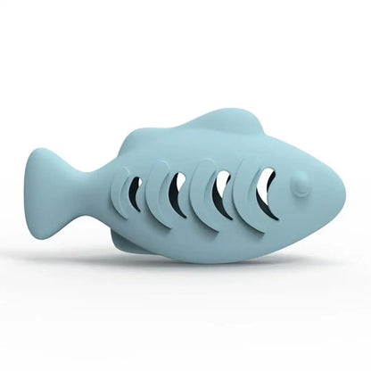Interactive Cat Toy Food Dispenser for Indoor Cats Blue Treat &amp; Catnip Stuffer Engaging Silicone Fish Chew Toy Dental Care