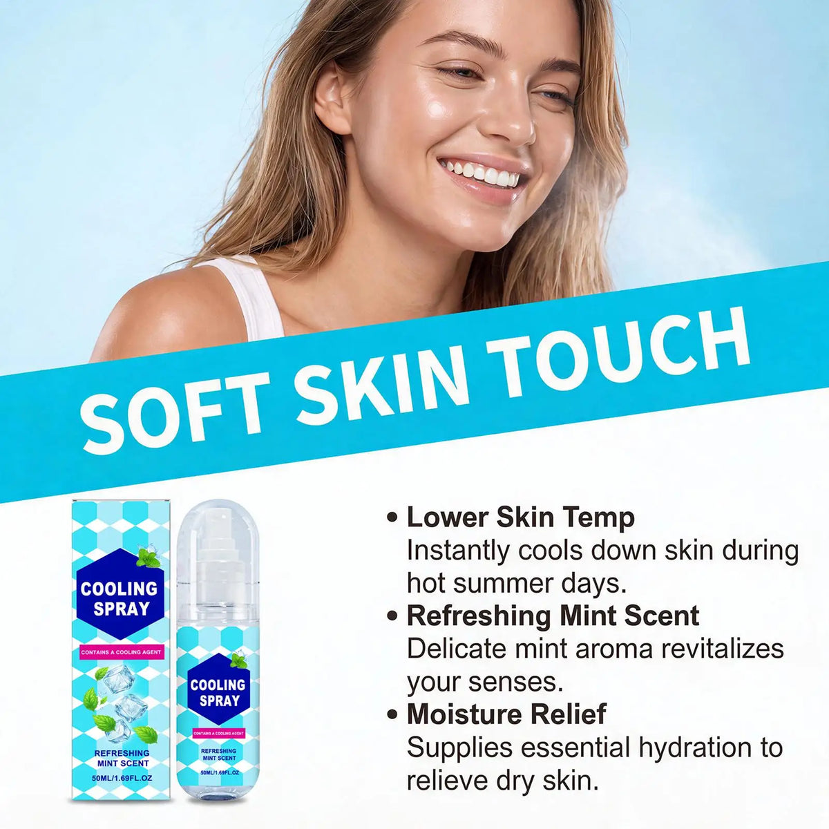 Cooling Spray for Body 50ml Summer Face Refreshing Mist Mint Scent Instant Cooling Spray for Adults Outdoor Activities Workout