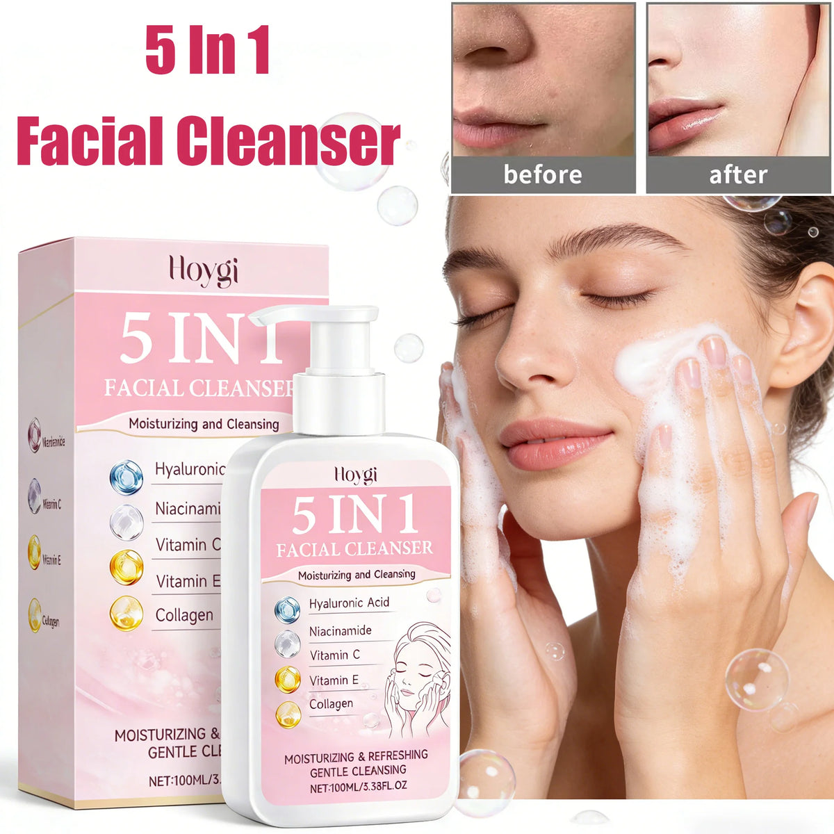 5 in 1 Moisturizing Facial Cleanser Refreshed Cleansing Makeup Remover Brightening Hydrating Light Texture Rich Foam Cleanser