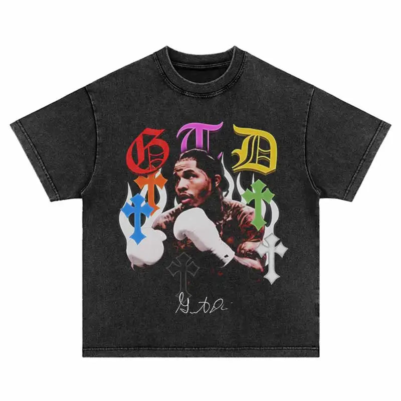 Men Oversized T-Shirt Hip Hop Alphabet Boxer Print Washed Tshirt Harajuku Fashion Punk Gothic Loose Tee 2024 Summer Casual Tops