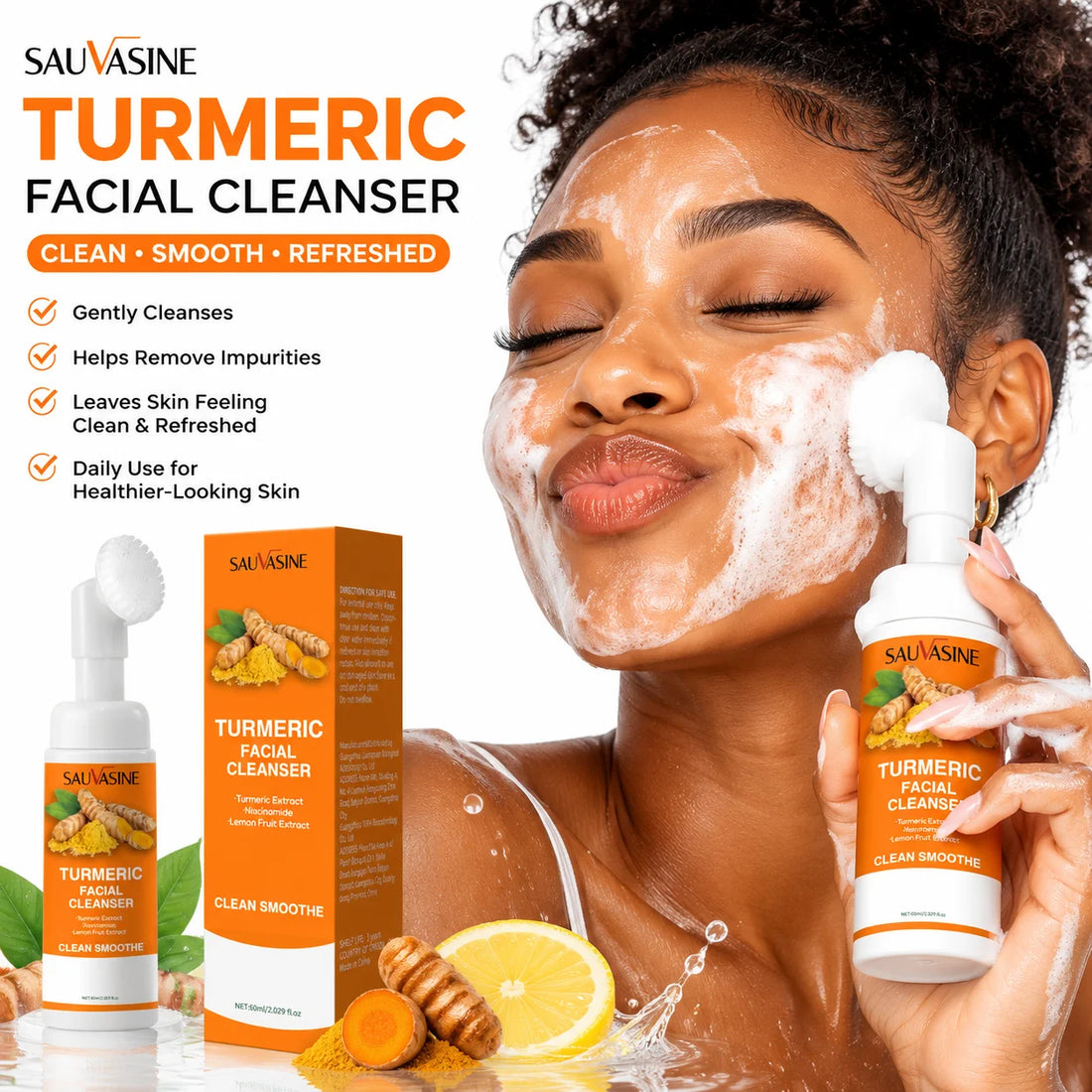 1/3/5pcs Turmeric Foaming Facial Cleanser, Face Wash with Turmeric Extract Niacinamide &amp; Lemon Fruit Extract, Gently Removes Dir