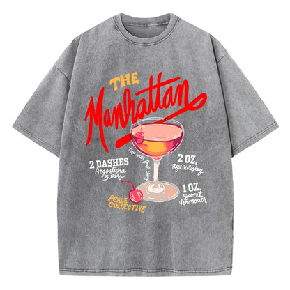 Oversized Women Washed T-Shirts The Manhattan Cherry Cocktail Printed Tee Shirts Distressed Crewneck Cotton Tees Fashion Clothes