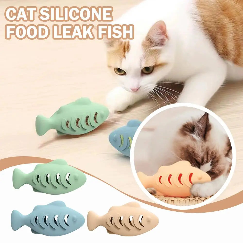 Interactive Cat Toy Food Dispenser for Indoor Cats Blue Treat &amp; Catnip Stuffer Engaging Silicone Fish Chew Toy Dental Care