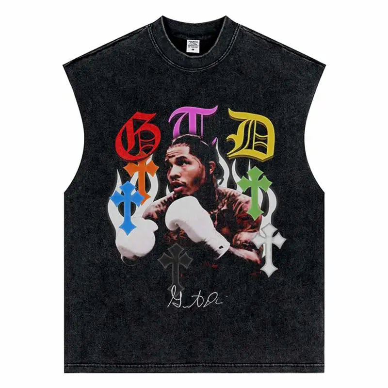 Men Oversized T-Shirt Hip Hop Alphabet Boxer Print Washed Tshirt Harajuku Fashion Punk Gothic Loose Tee 2024 Summer Casual Tops