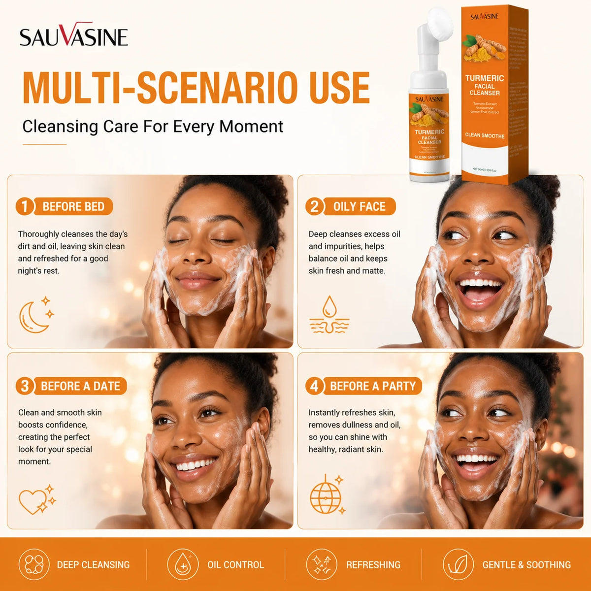 1/3/5pcs Turmeric Foaming Facial Cleanser, Face Wash with Turmeric Extract Niacinamide &amp; Lemon Fruit Extract, Gently Removes Dir