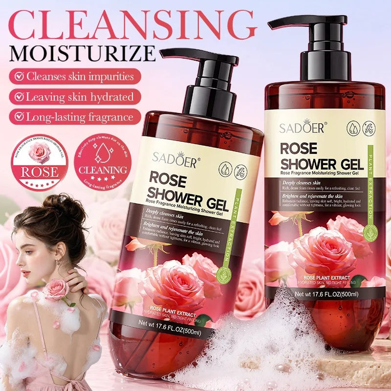 500ml SADOER Rose Fragrance Shower Gel Plant Extract Gentle Cleansing Moisturizing Soft Smooth Body Wash Daily Bath Skin Care