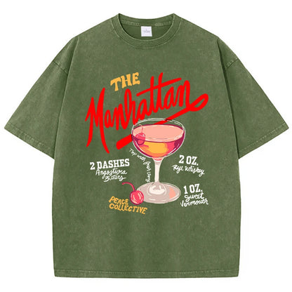Oversized Women Washed T-Shirts The Manhattan Cherry Cocktail Printed Tee Shirts Distressed Crewneck Cotton Tees Fashion Clothes