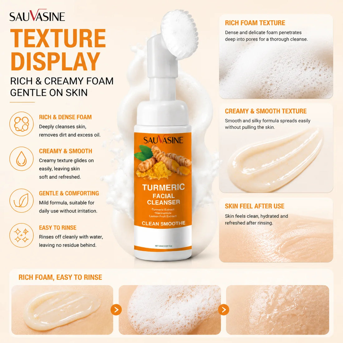 1/3/5pcs Turmeric Foaming Facial Cleanser, Face Wash with Turmeric Extract Niacinamide &amp; Lemon Fruit Extract, Gently Removes Dir